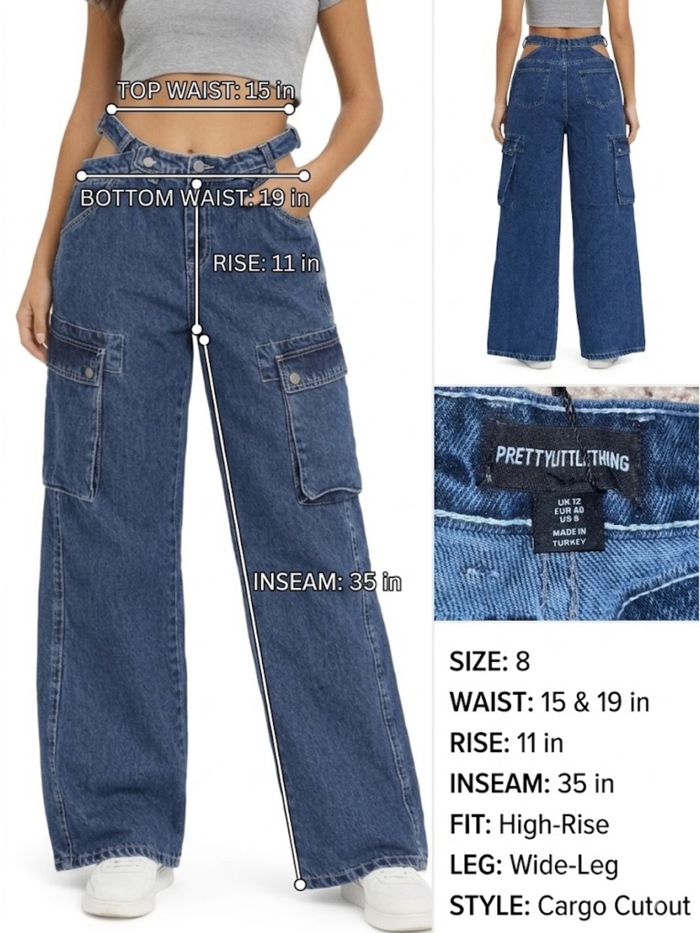 Pretty Little Thing Cutout Asymmetrical Waistband Blue Denim Cargo Baggy Jeans